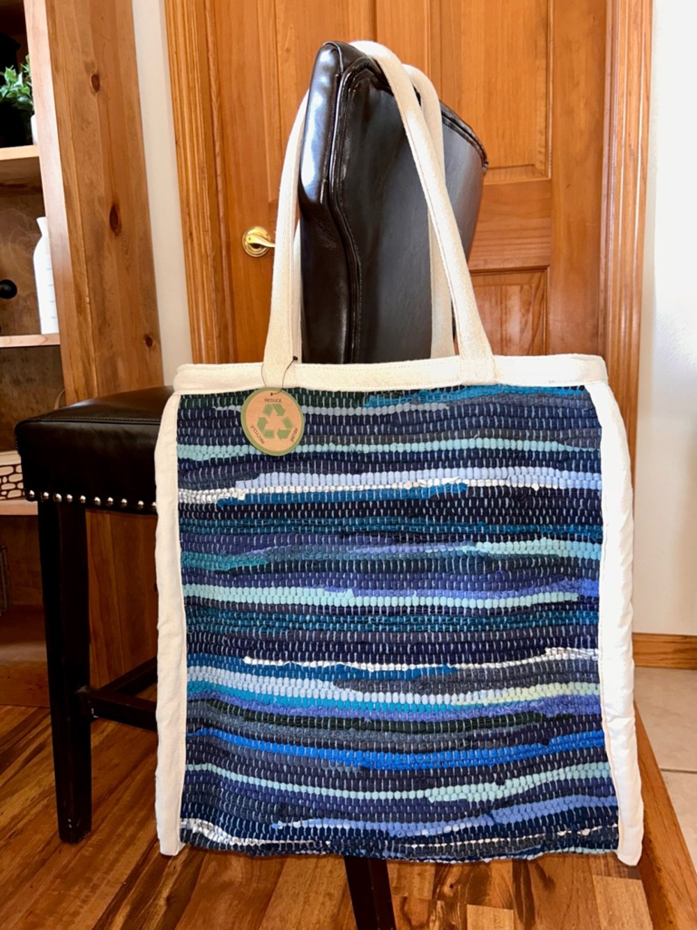 Striped Blue Woven Tote with Cream Handles XL size